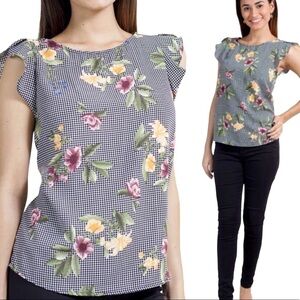 WESTMOON Floral Flutter Sleeve Blouse With Gingham Print Black Gingham Sz Small